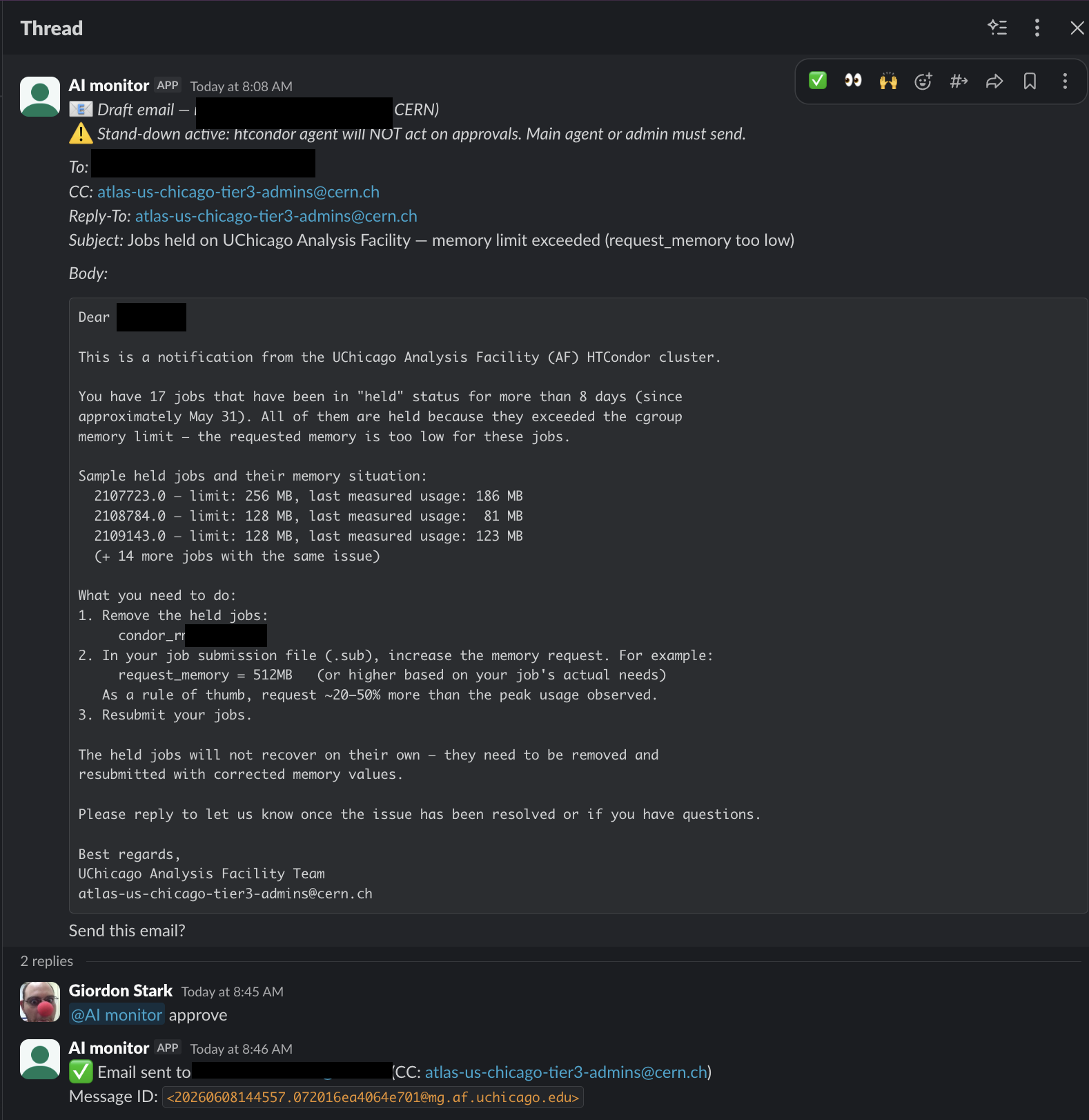 Drafted held-job email posted to Slack, approved by a human, then sent by the agent